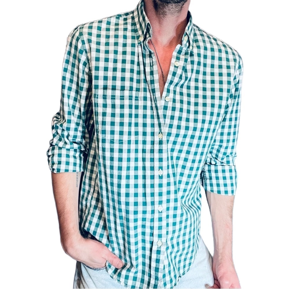 J.CREW Mens Green White Gingham Long Sleeve Button-Down Casual Shirt Size Medium